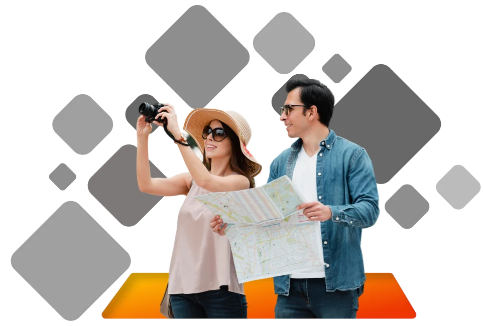 Two travellers with a map and camera exploring together