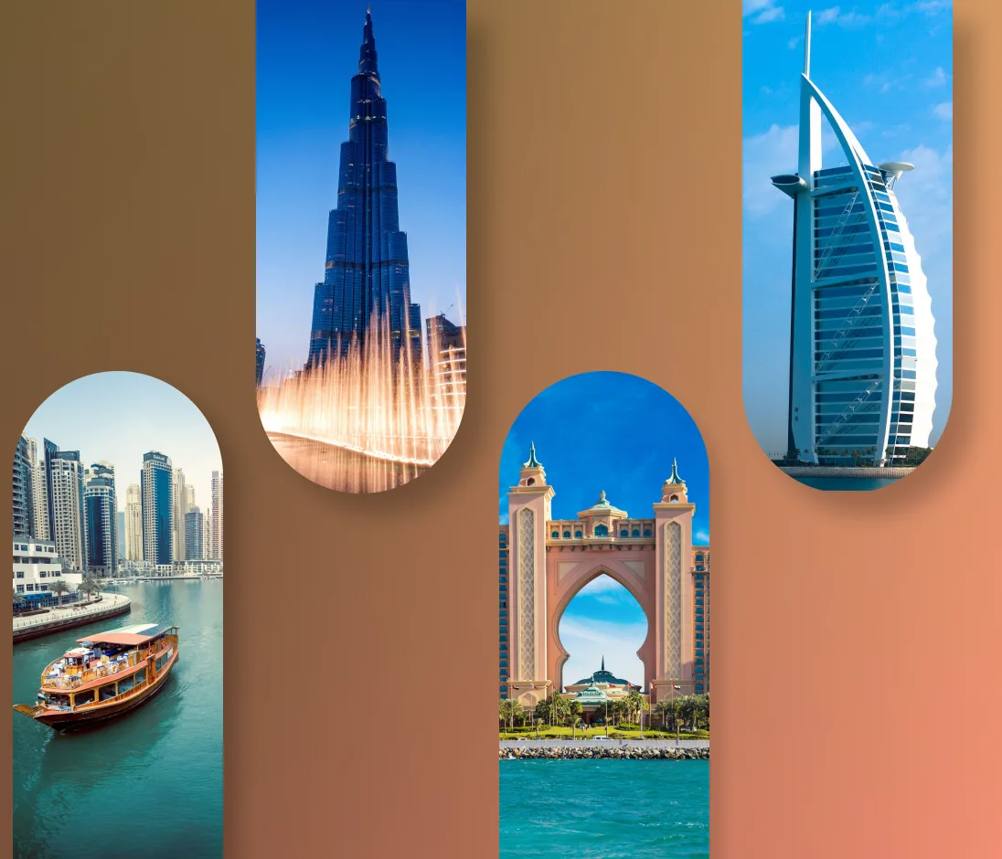 Dubai landmarks — Burj Khalifa, Dubai Marina, Atlantis and Burj Al Arab