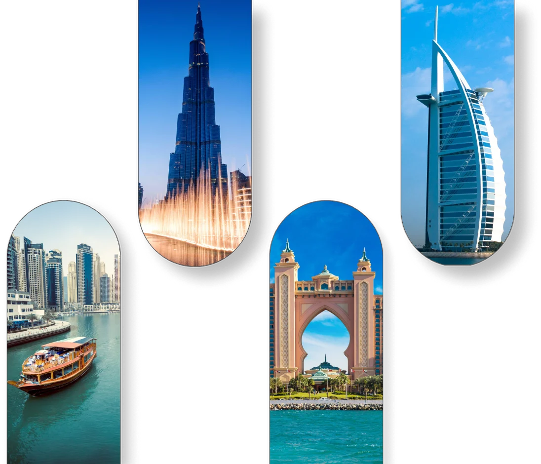 Dubai landmarks — Burj Khalifa, Dubai Marina, Atlantis and Burj Al Arab