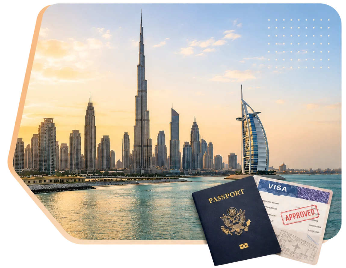 Dubai skyline at sunset with an approved passport and visa