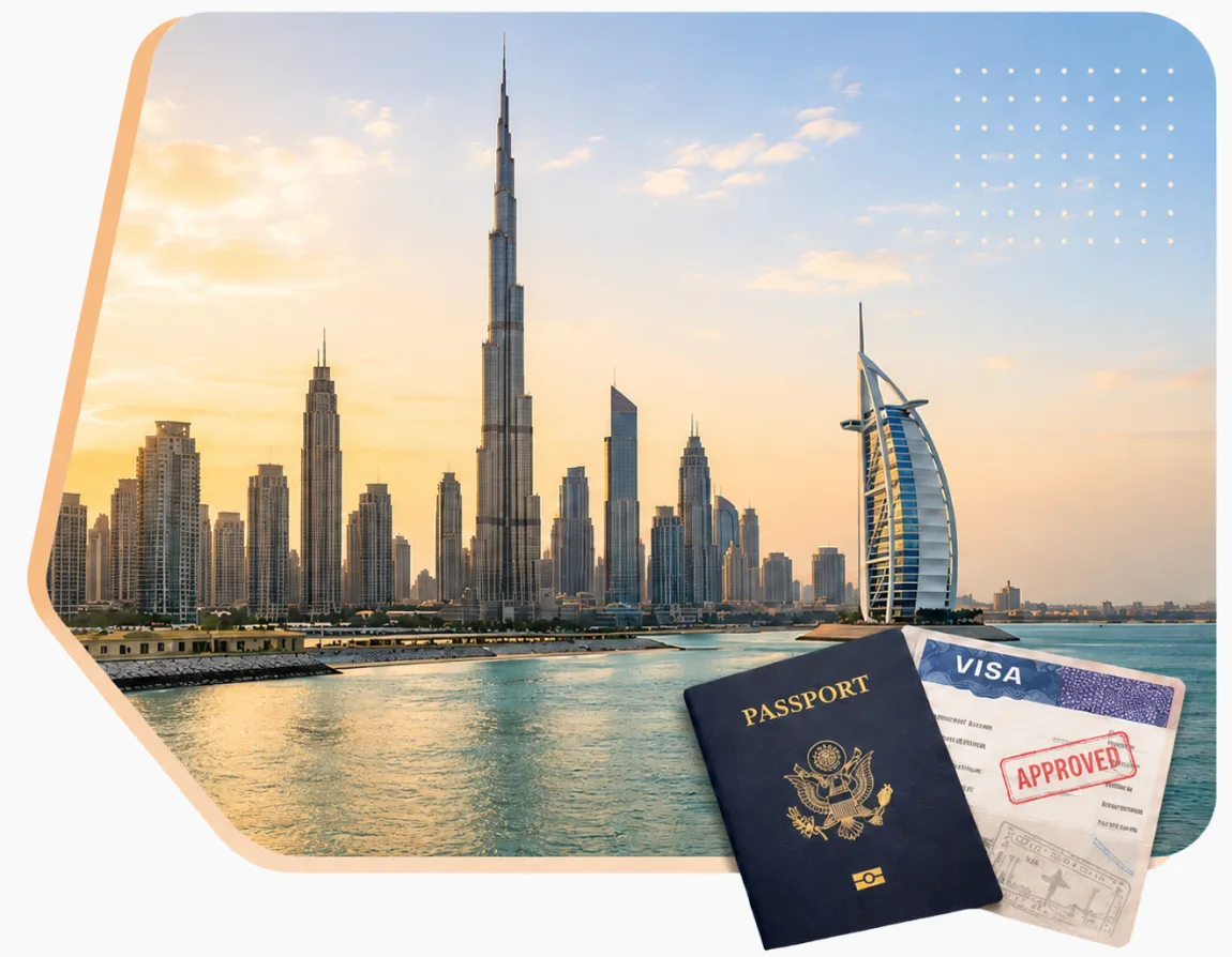 Dubai skyline at sunset with an approved passport and visa