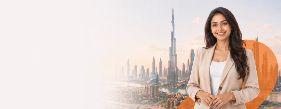 Smiling visa consultant in front of the Dubai skyline