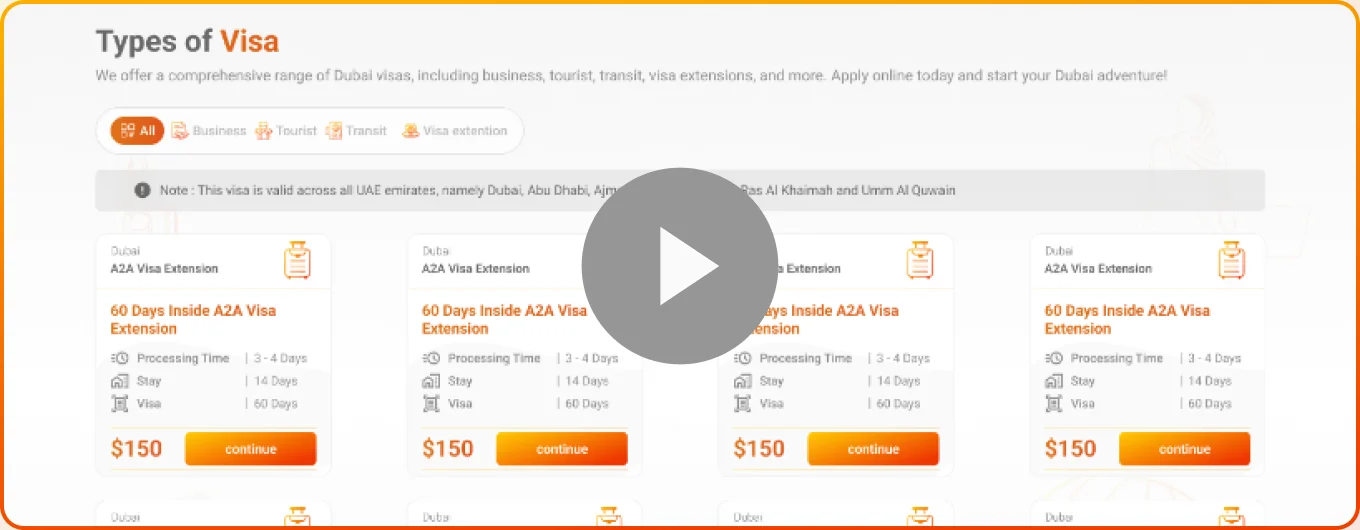 Types of Dubai visa listing screen